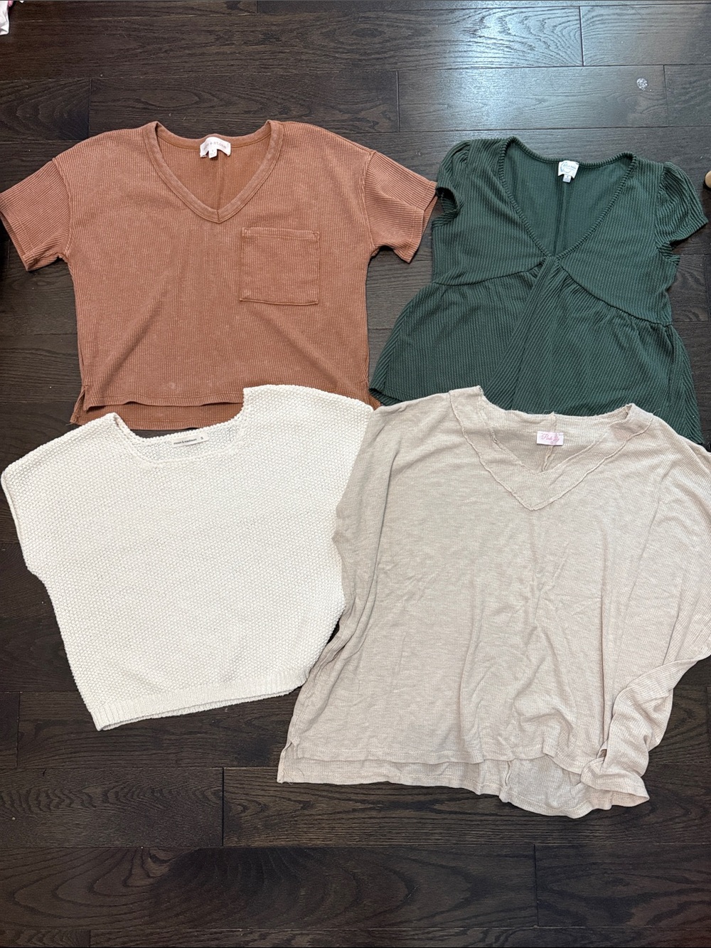 Marshalls Rust Tee, Forest Green Knot Top, Cream Knit, Light Beige V-Neck